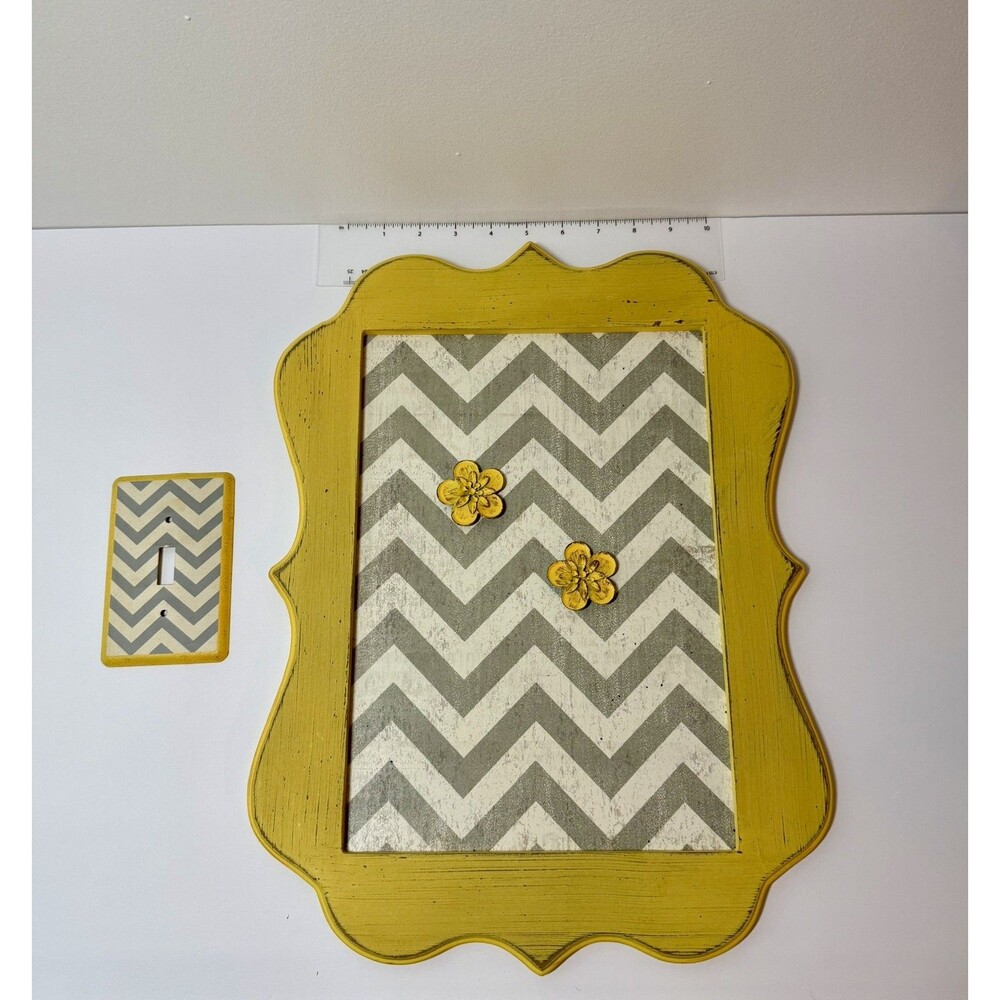 Chevron Magnetic Board with 2 Magnets. Matching Light Switch Plate. Yellow Gray